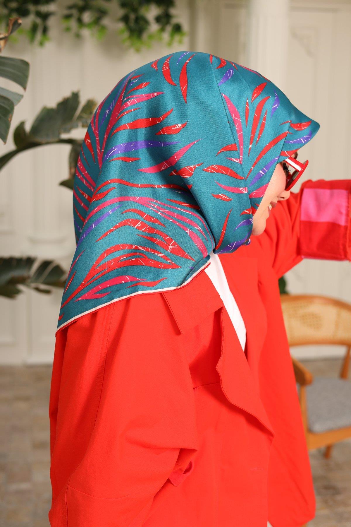 Silk Home Petrol Yeşili Pembe Desenli Tivil İpek Eşarp 11432-59