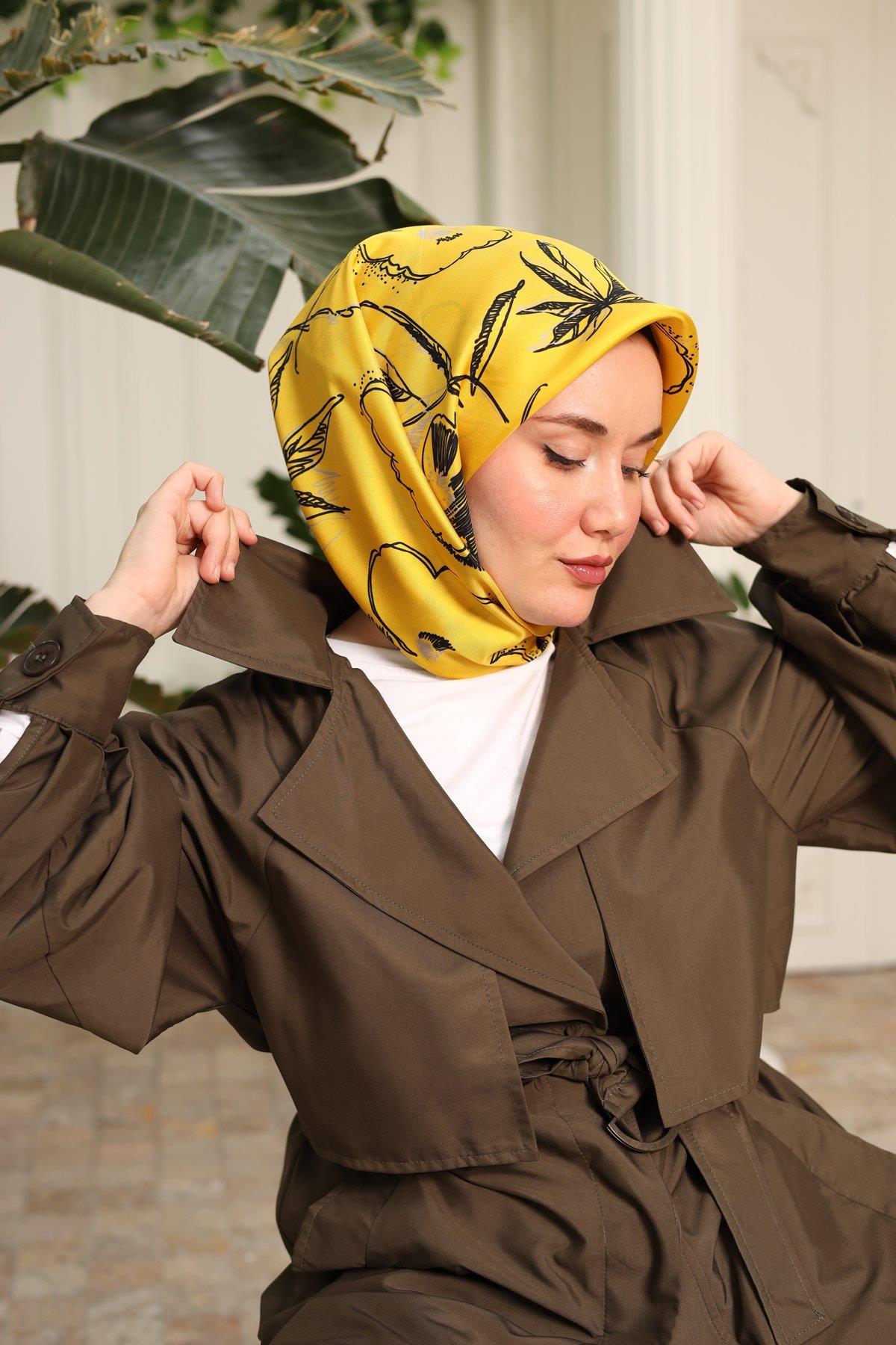 Silk Home Sarı Desenli Tivil İpek Eşarp 11433-38