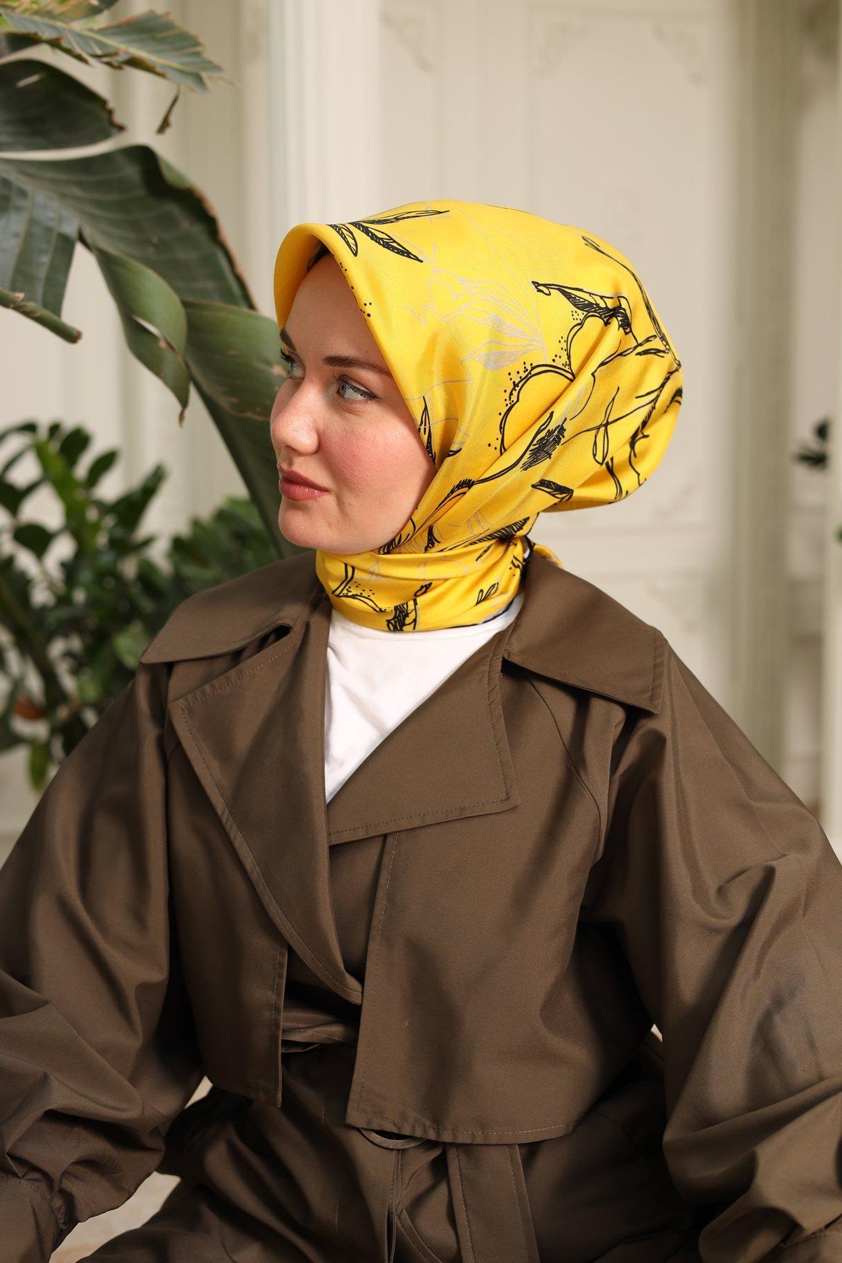Silk Home Sarı Desenli Tivil İpek Eşarp 11433-38