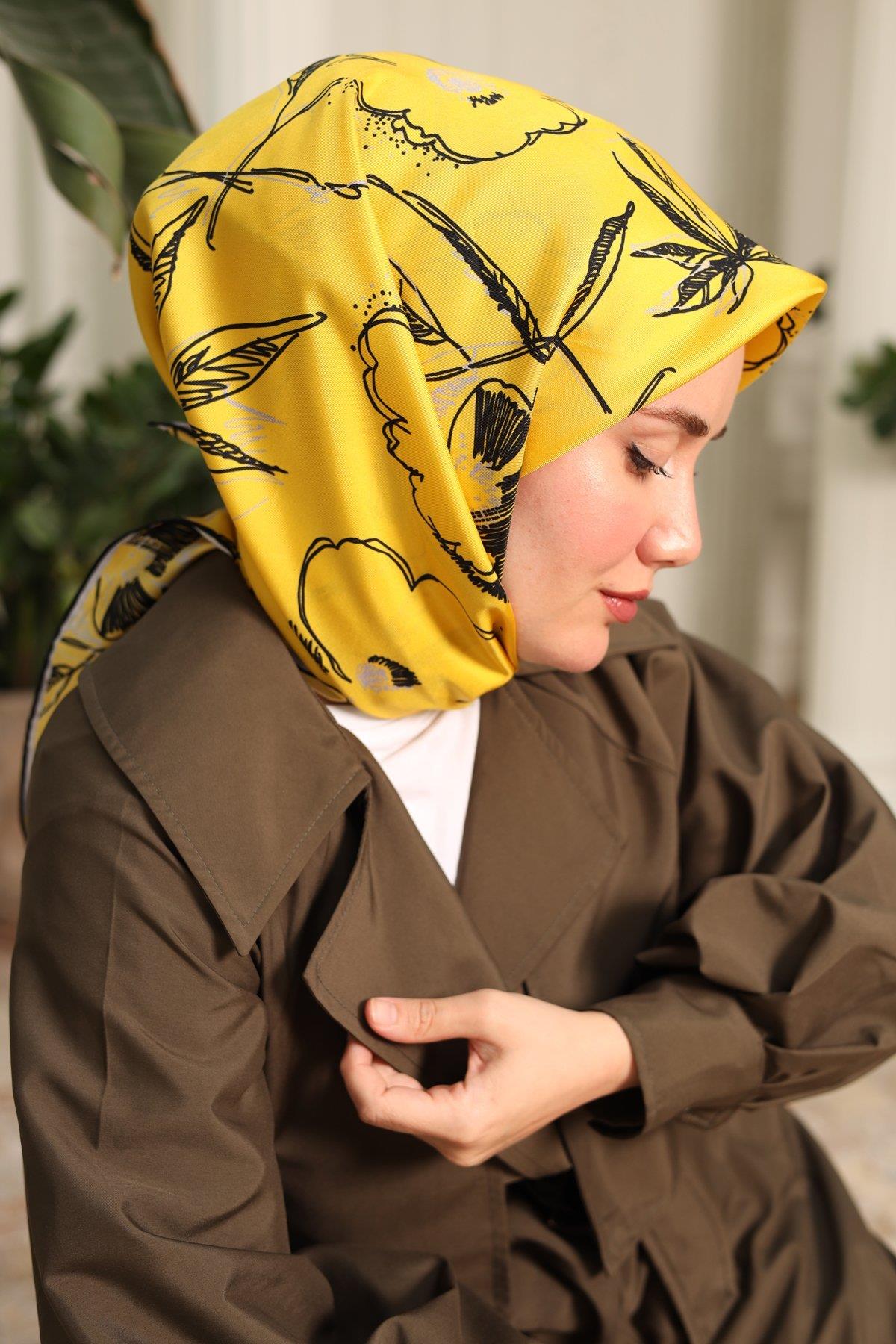 Silk Home Sarı Desenli Tivil İpek Eşarp 11433-38