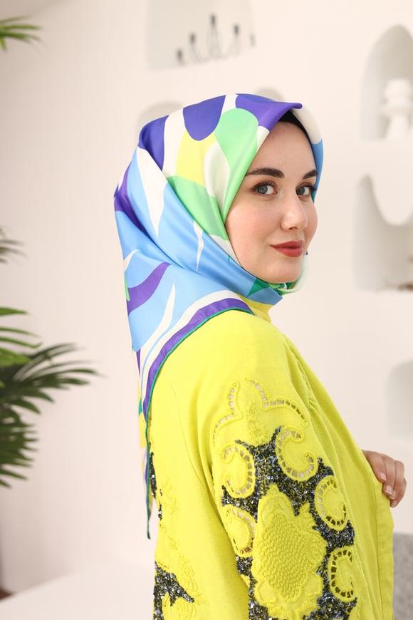 Silk Home Sarı-Mavi Çiçek Desen Tivil İpek Eşarp 11408-33