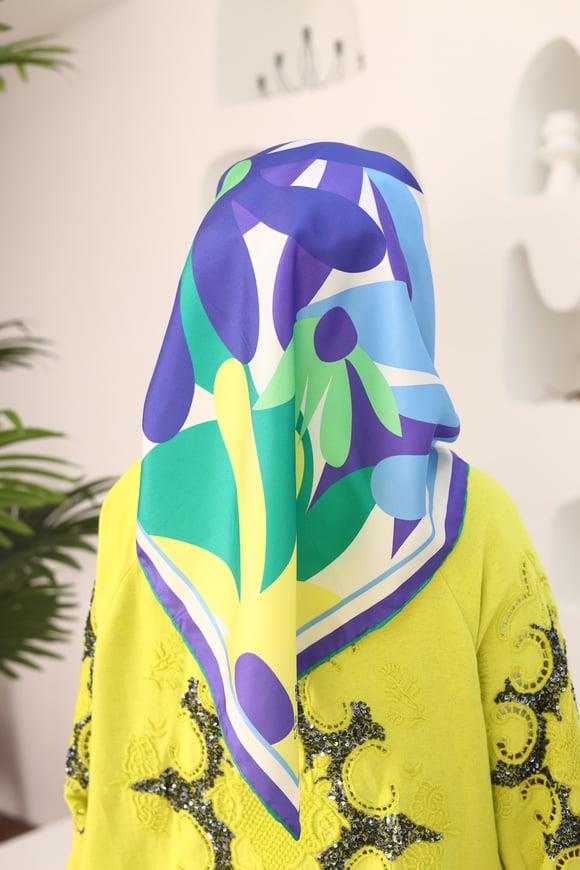 Silk Home Sarı-Mavi Çiçek Desen Tivil İpek Eşarp 11408-33