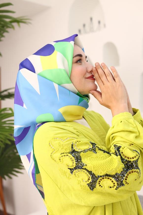 Silk Home Sarı-Mavi Çiçek Desen Tivil İpek Eşarp 11408-33