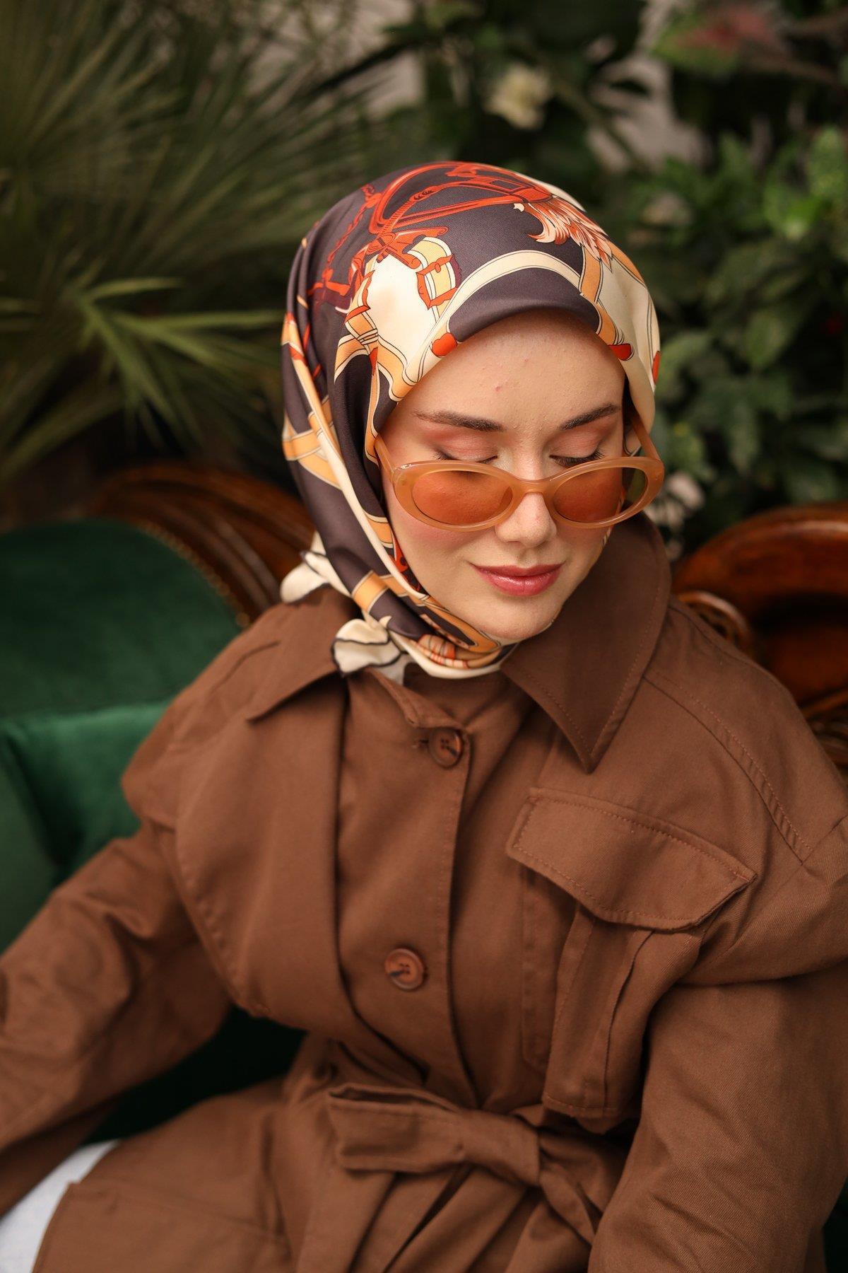 Silk Home Tivil İpek Eşarp 11436-03 Acı Kahve Karışık Desen