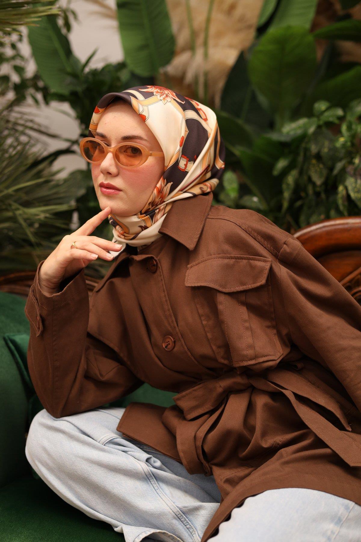 Silk Home Tivil İpek Eşarp 11436-03 Acı Kahve Karışık Desen