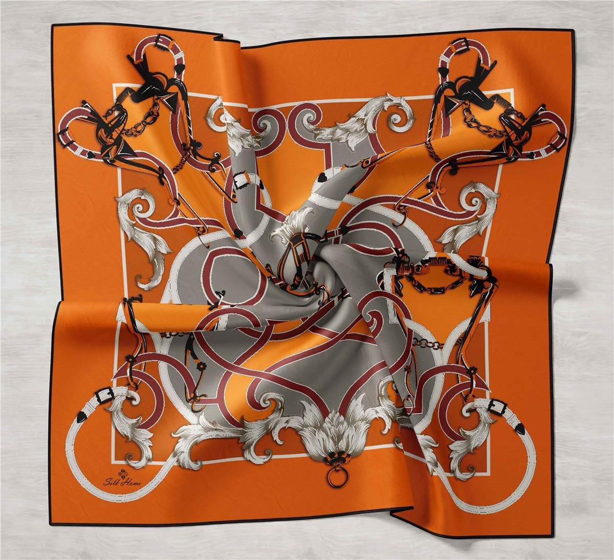 Silk Home Tivil İpek Eşarp 11436-17 Turuncu Karışık Desen
