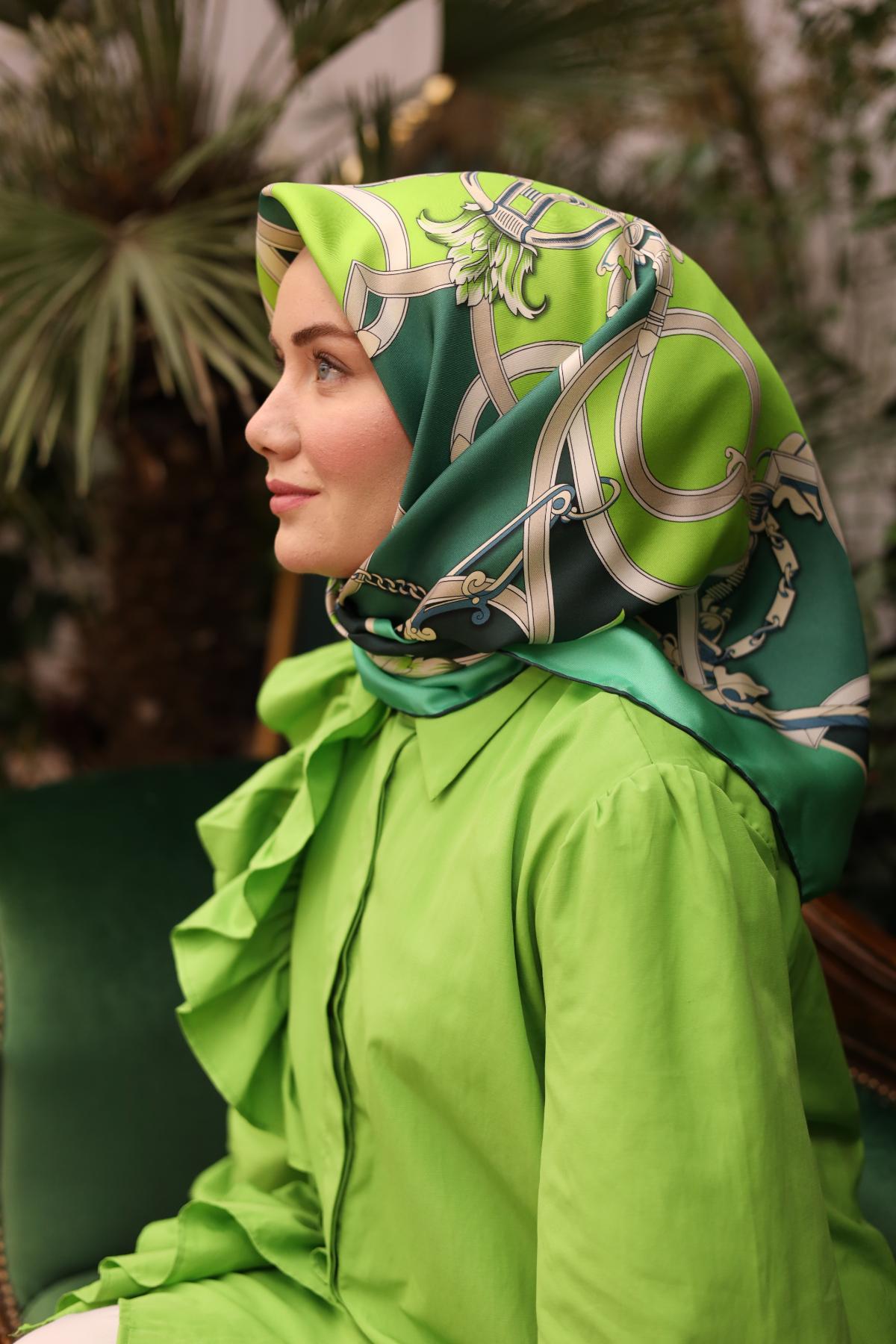 Silk Home Tivil İpek Eşarp 11436-33 Yeşil Karışık Desen
