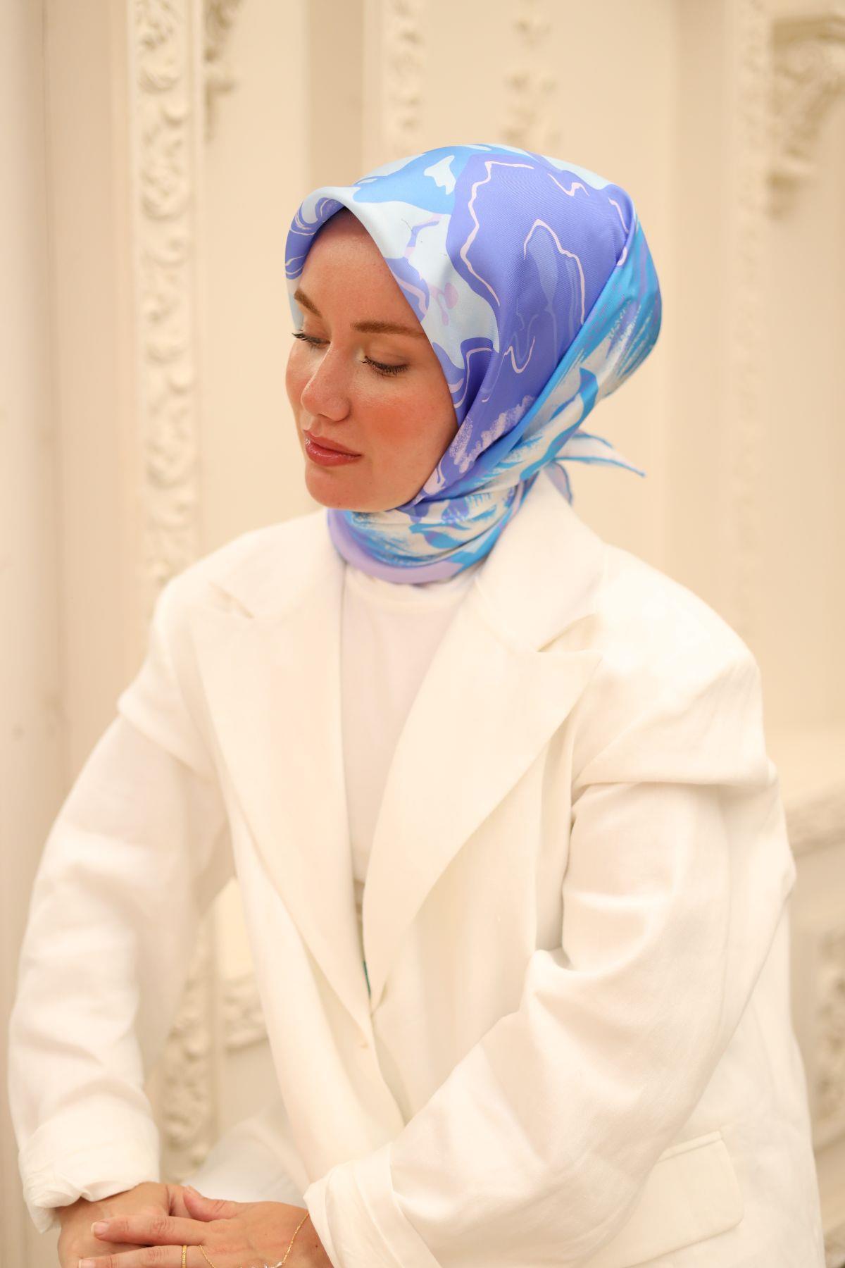 Silk Home Tivil İpek Eşarp 11437-18 Mavi Karışık Desen