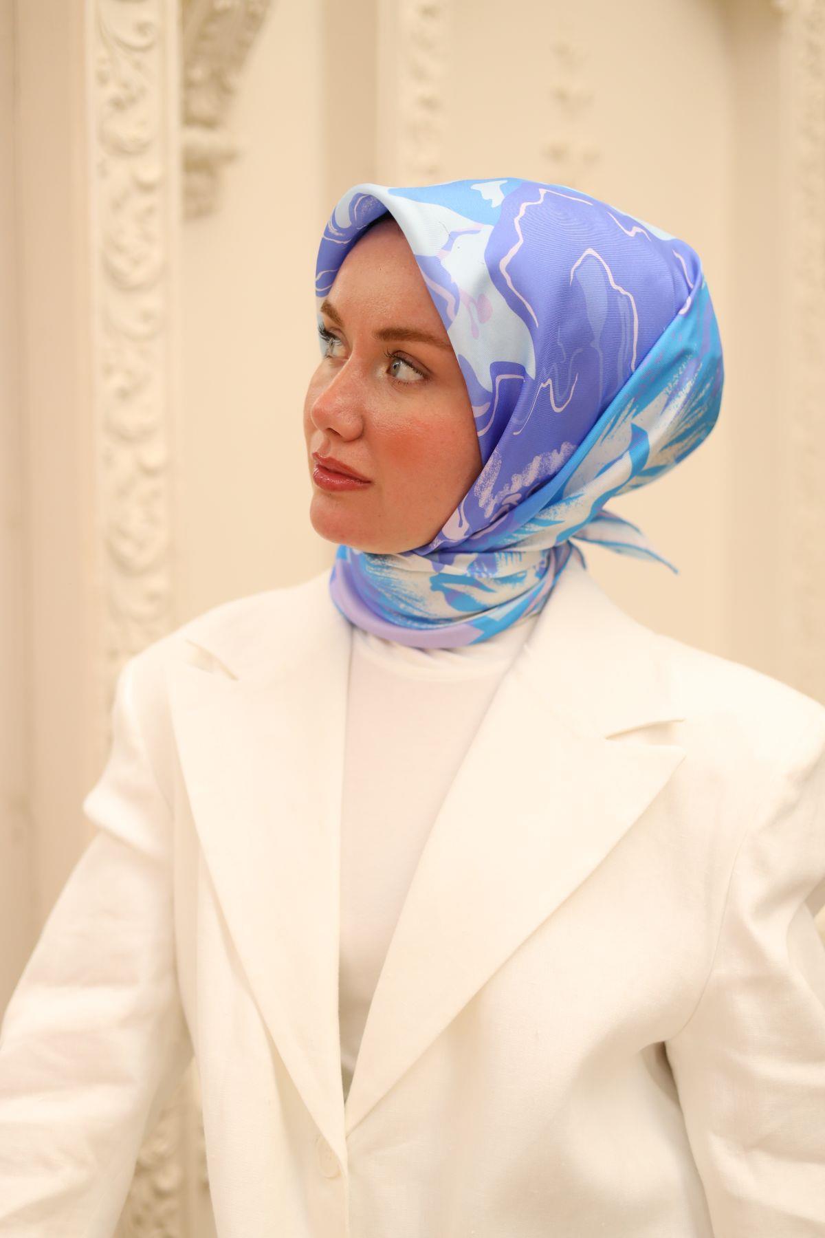 Silk Home Tivil İpek Eşarp 11437-18 Mavi Karışık Desen
