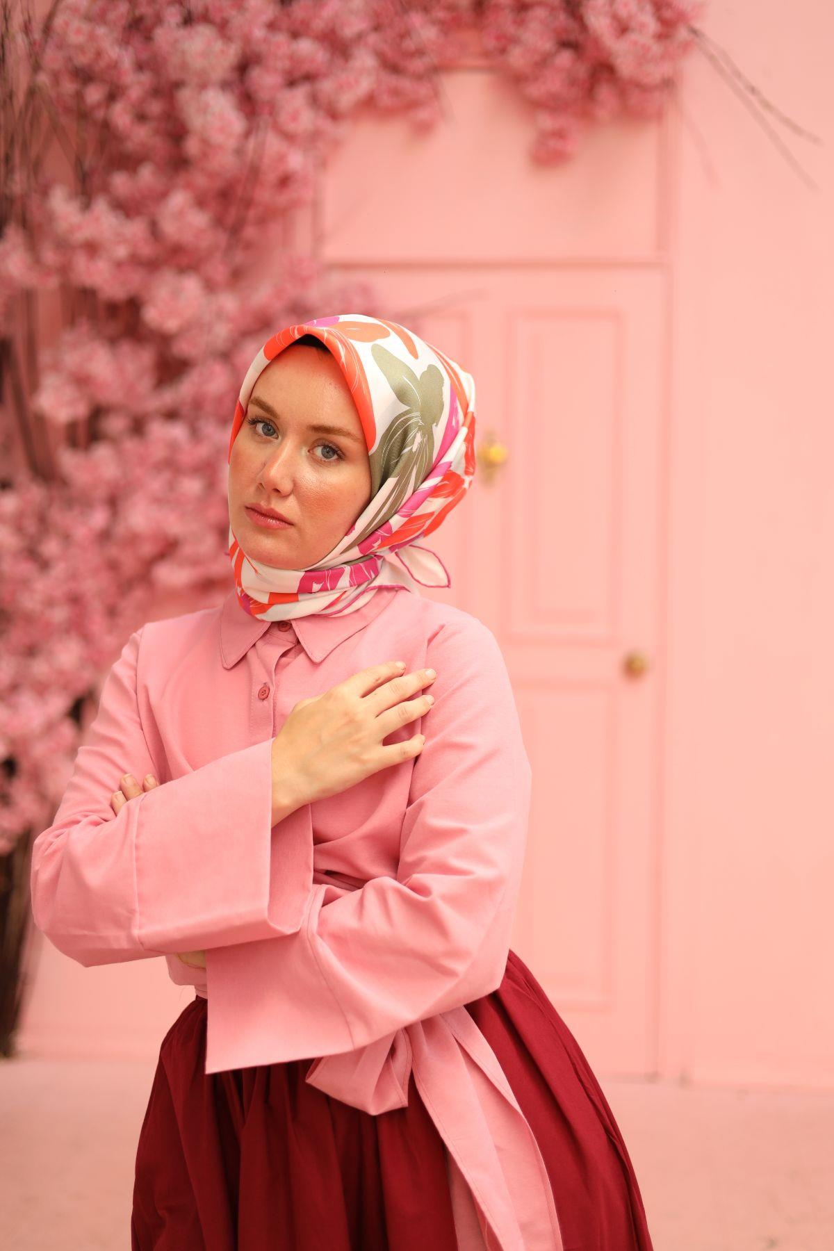 Silk Home Tivil İpek Eşarp IST11439-16 Nar Çiçeği, Fuşya, Bebe Mavi, Yeşil