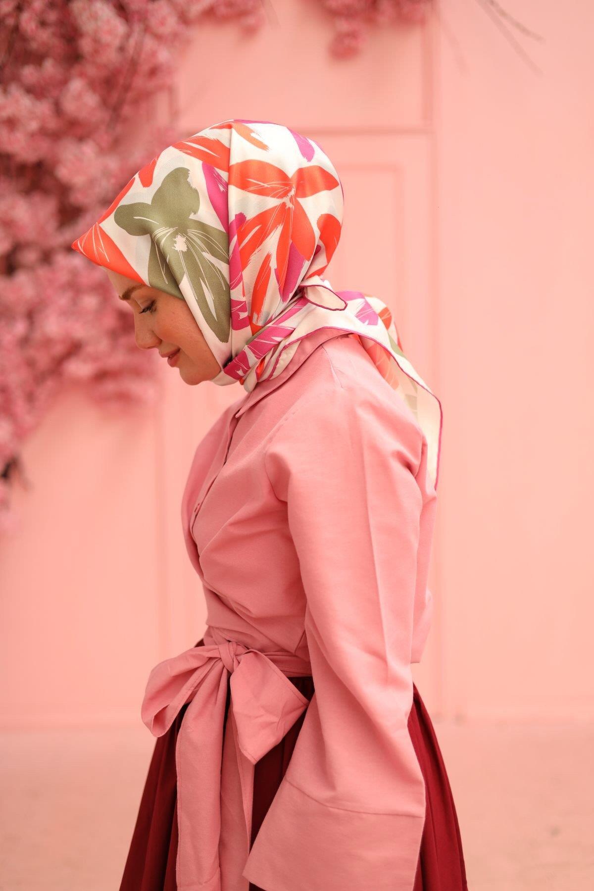 Silk Home Tivil İpek Eşarp IST11439-16 Nar Çiçeği, Fuşya, Bebe Mavi, Yeşil