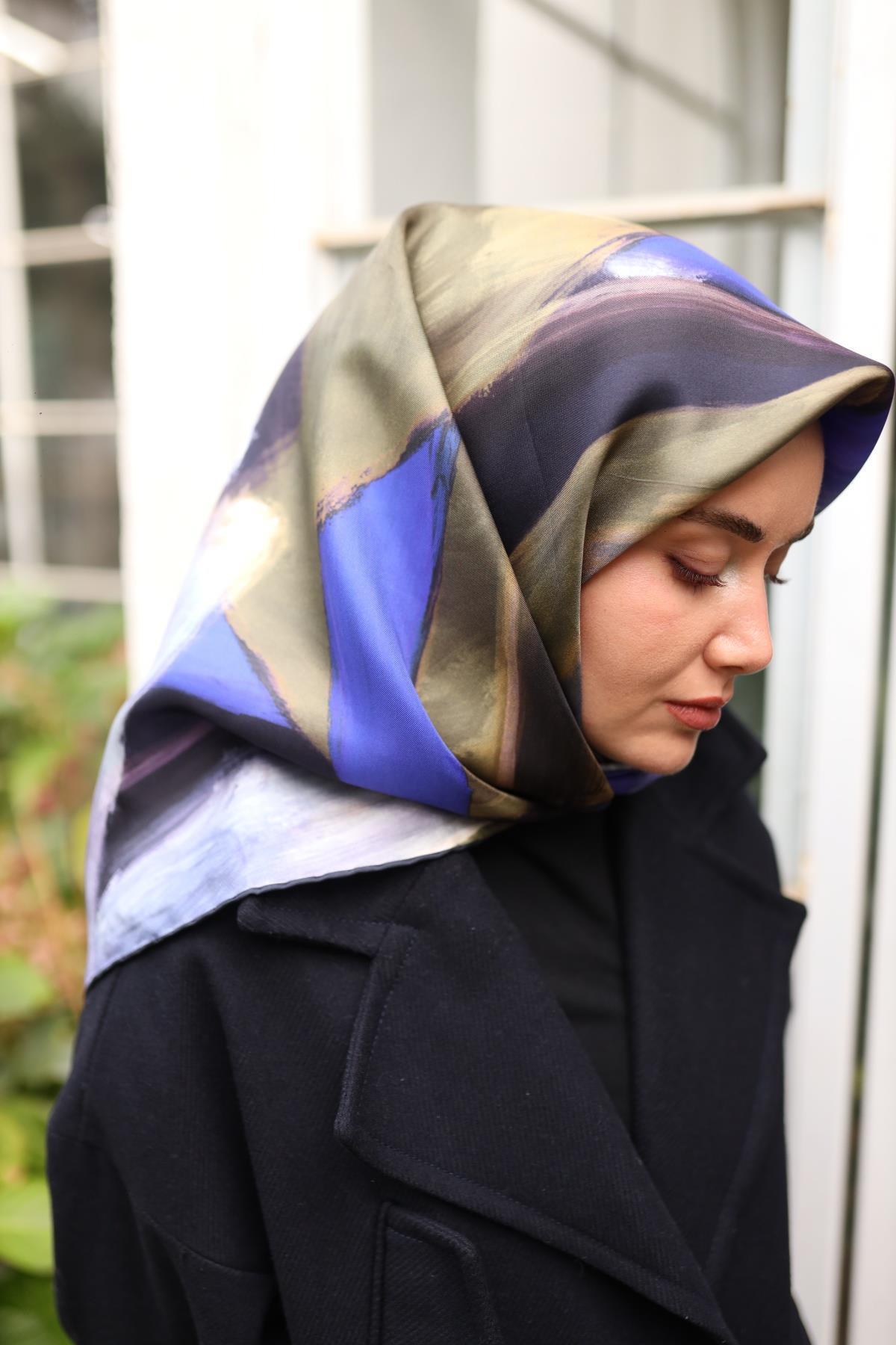 Silk Home Tivil İpek Eşarp IST11448-14 Lacivert, Lila, Haki, Mor Karışık Desen