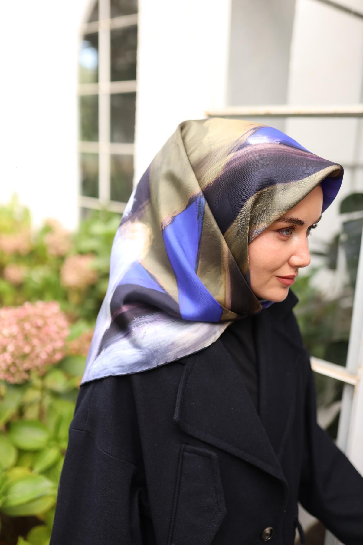 Silk Home Tivil İpek Eşarp IST11448-14 Lacivert, Lila, Haki, Mor Karışık Desen