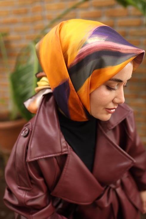 Silk Home Tivil İpek Eşarp IST11448-23 Mürdüm, Parlak Turuncu, Yeşil, Mor Karışık Desen