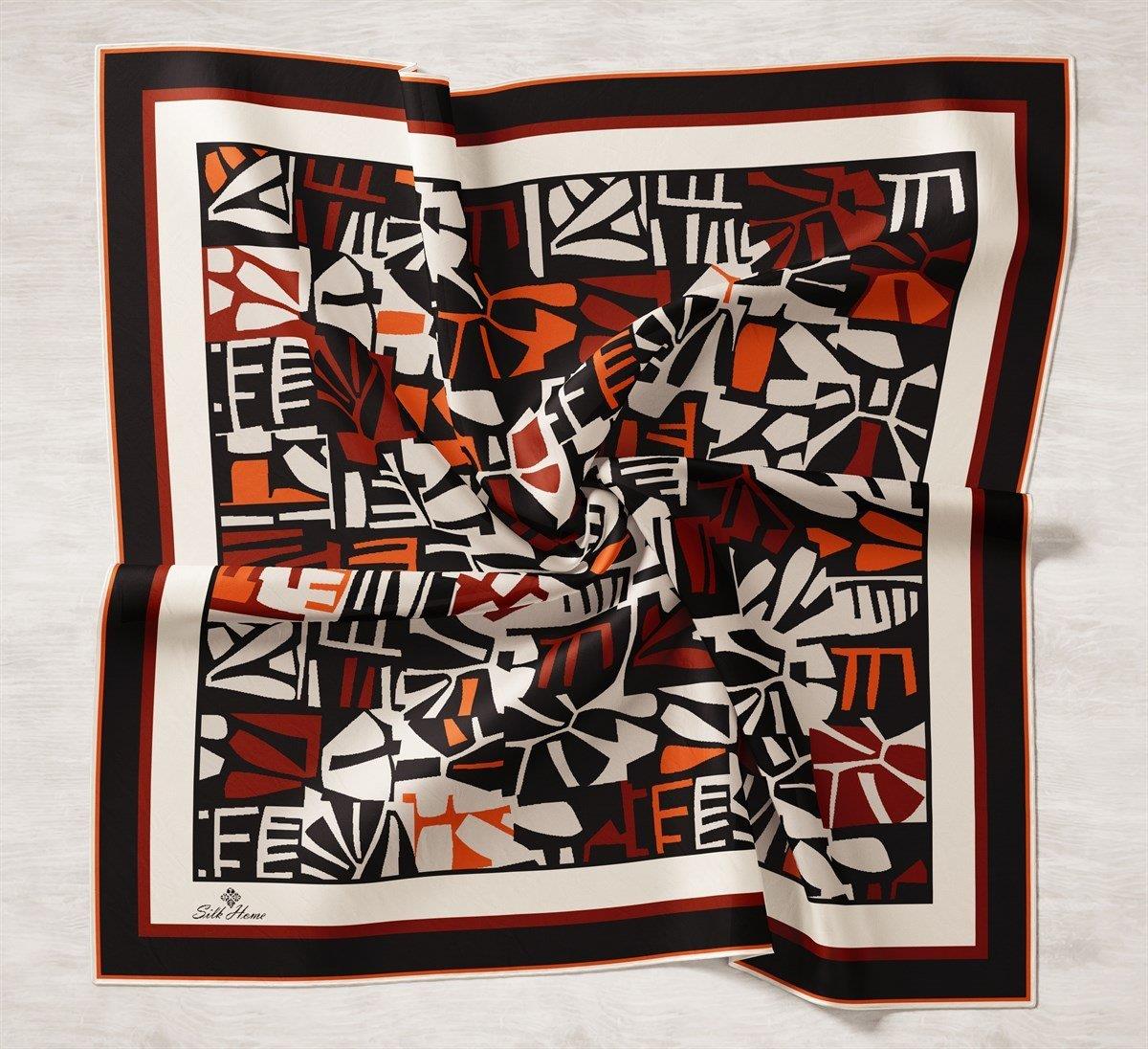 Silk Home Tivil Siyah, Acı Kahve, Bakır, Ekru Desenli İpek Eşarp İST11386-24