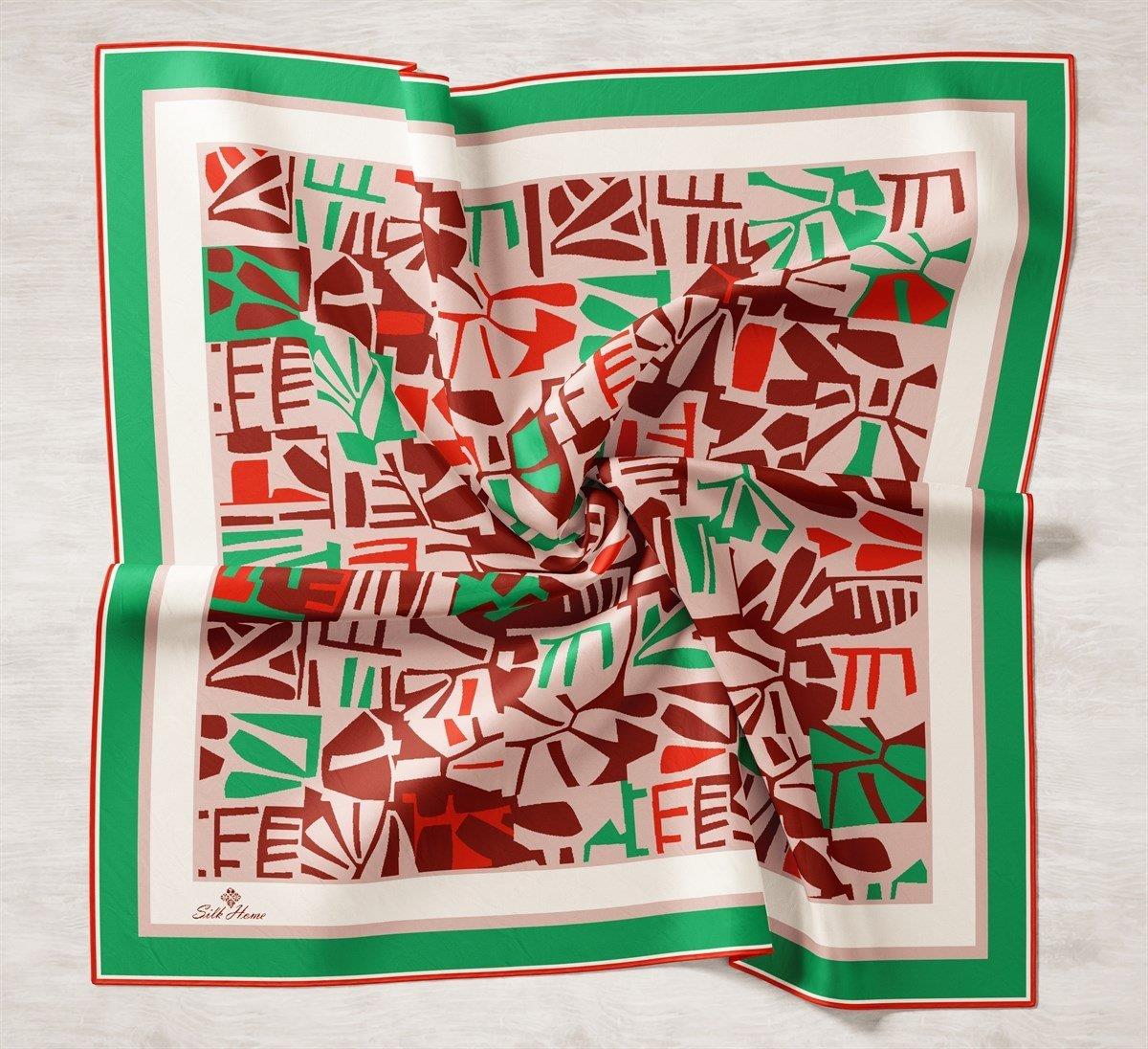 Silk Home Tivil Yeşil, Ekru, Pembe, Koyu Bordo, Kırmızı Desenli İpek Eşarp IST11386-27