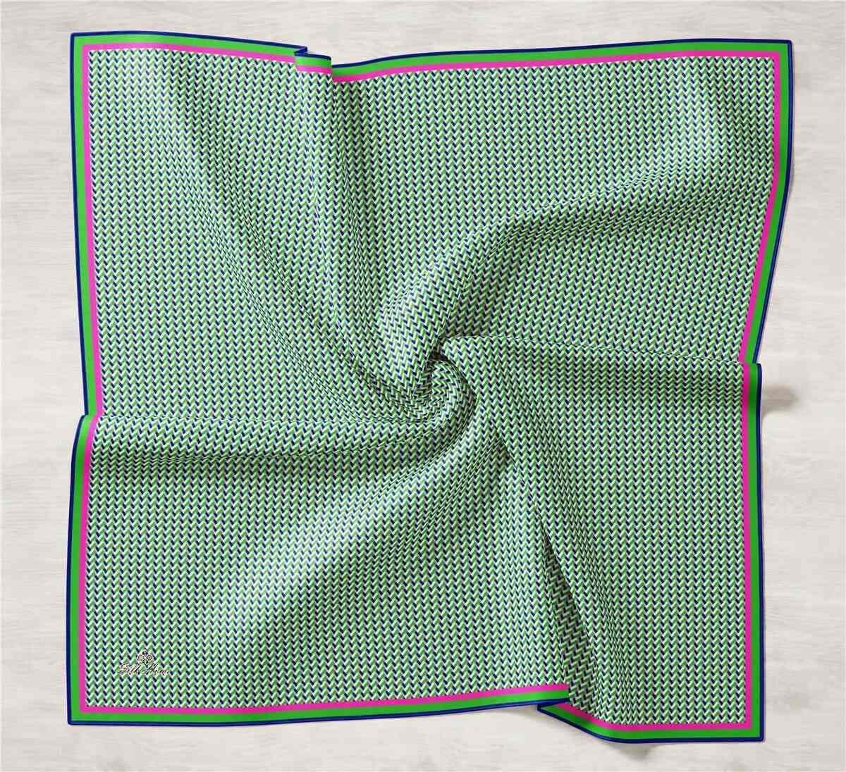 Silk Home Yeşil-Lacivert Zikzak Desenli Tivil İpek Eşarp 11409-01