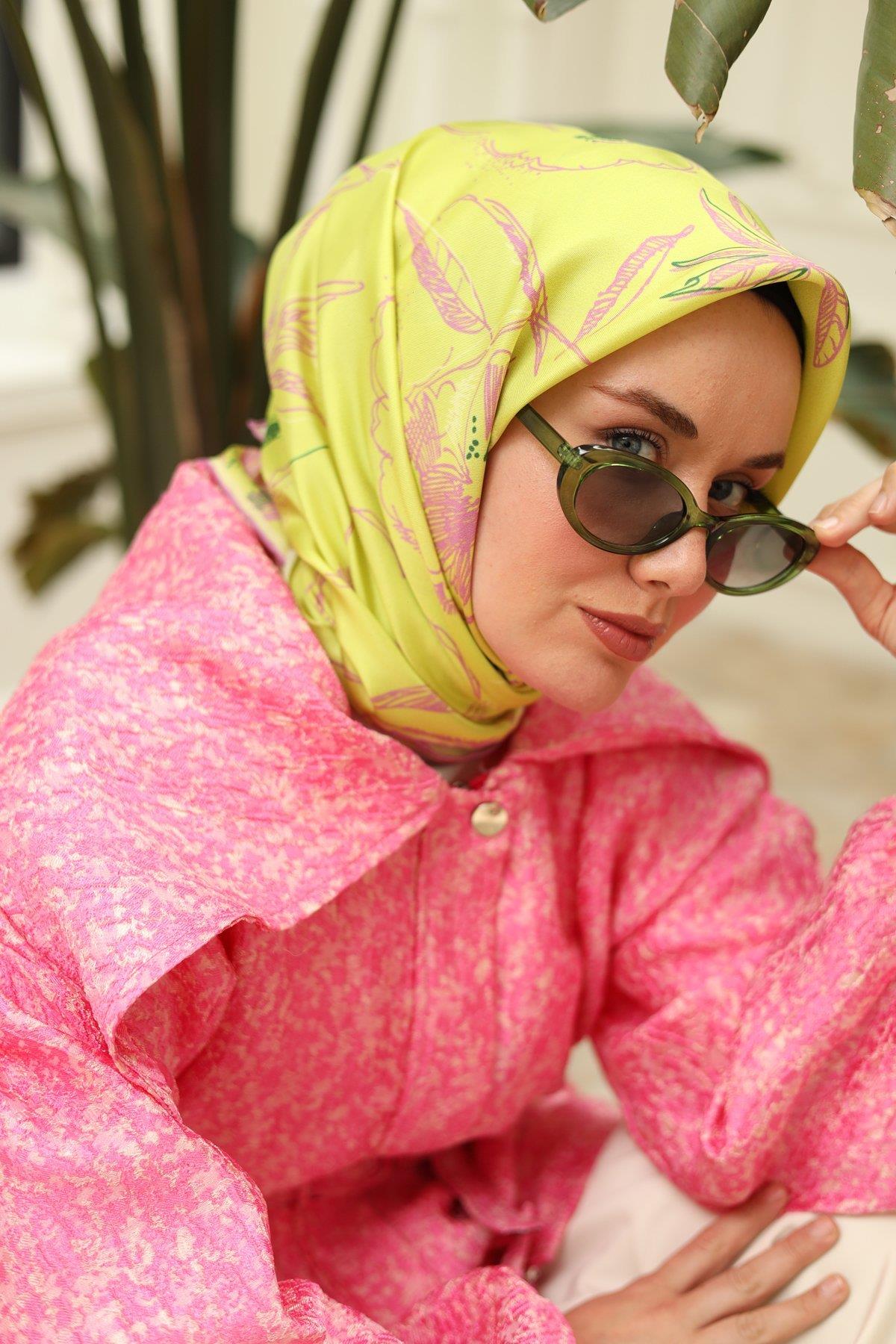 Silk Home Yeşil Pembe Desenli Tivil İpek Eşarp 11433-19