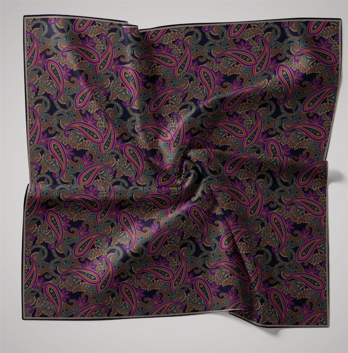 Silk  Koyu Lacivert, Petrol Mavi, Erguvan, Parlak Turuncu, Taş Geometrik Desenli Tivil İpek Eşarp IST11455-07