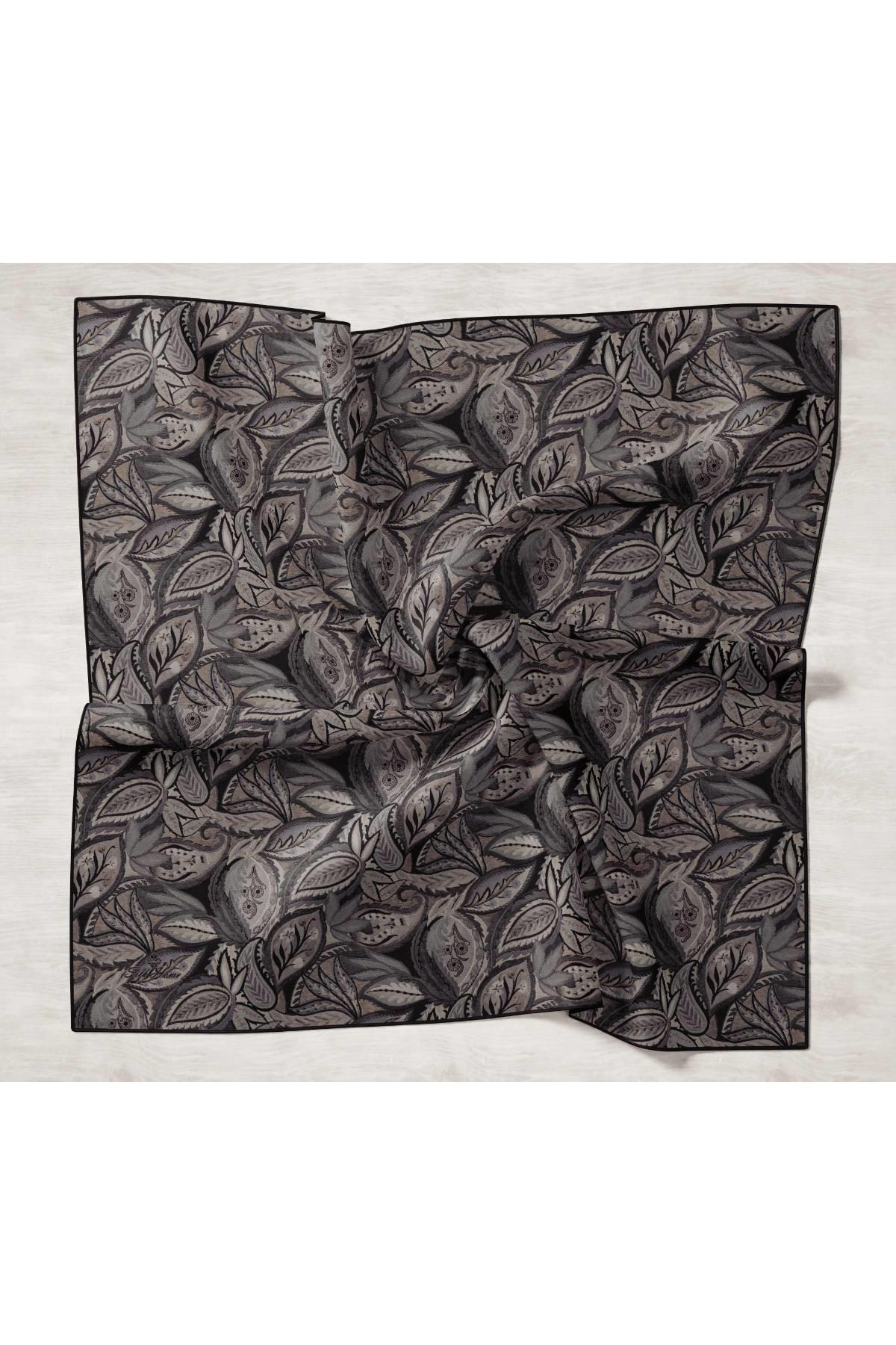 Silk Siyah, Gri, Füme, Taş Geometrik Desenli Tivil İpek Eşarp IST11456-38