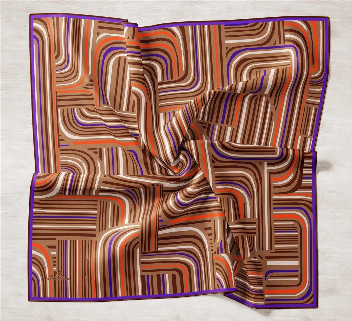 Silk Vizon, Acı Kahve, Turuncu, Morcivert, Ekru Geometrik Desenli Tivil İpek Eşarp IST11417-39