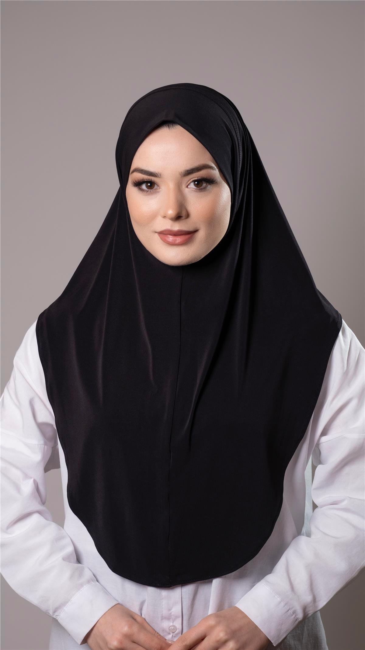 Siyah Pratik Hazır Geçmeli Tesettür Eşarp Sandy Kumaş Düz Hijab 2308_01
