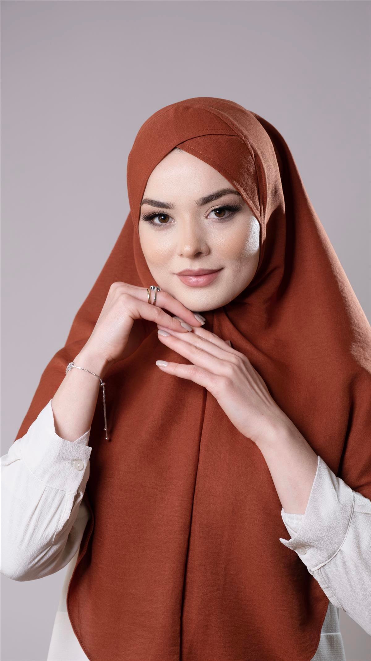 Taba Pratik Hazır Geçmeli Tesettür Eşarp Pamuk Caz Kumaş Tek Katlı Çapraz Hijab 2305_33