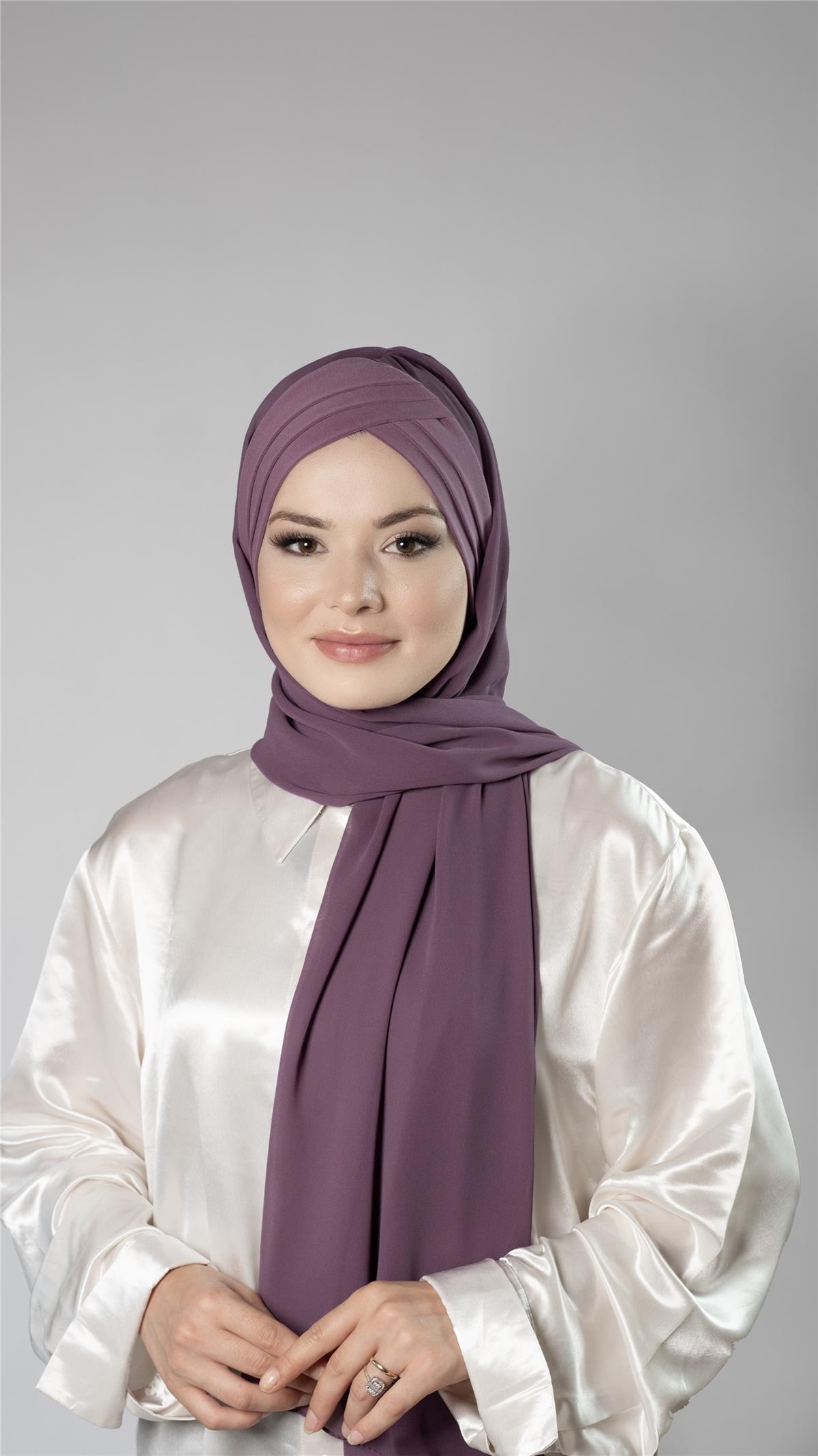 Violet Pratik Hazır Geçmeli Bone Şal Şifon Kumaş Kendinden Boneli Üç Bantlı 1451_21