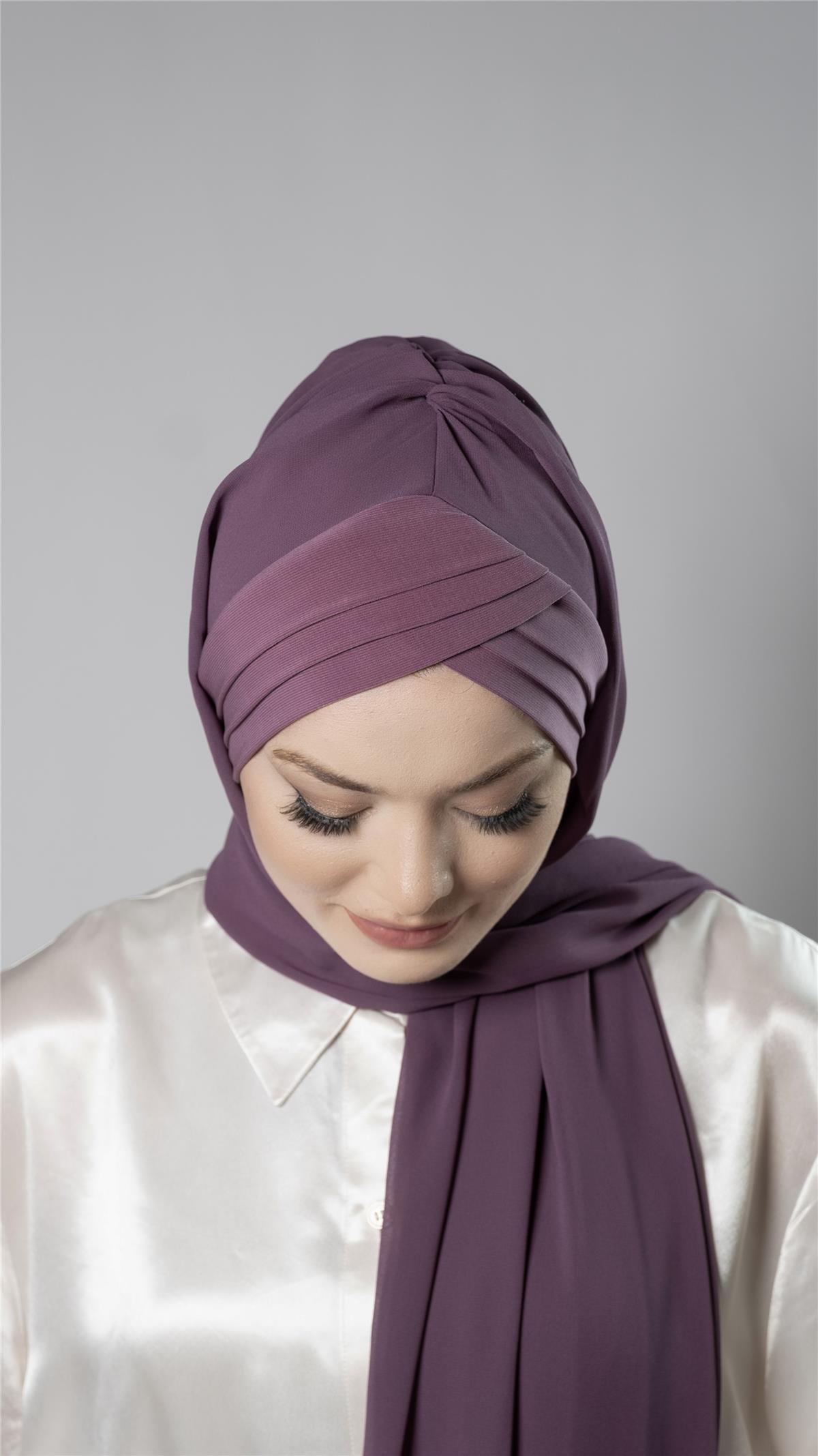 Violet Pratik Hazır Geçmeli Bone Şal Şifon Kumaş Kendinden Boneli Üç Bantlı 1451_21