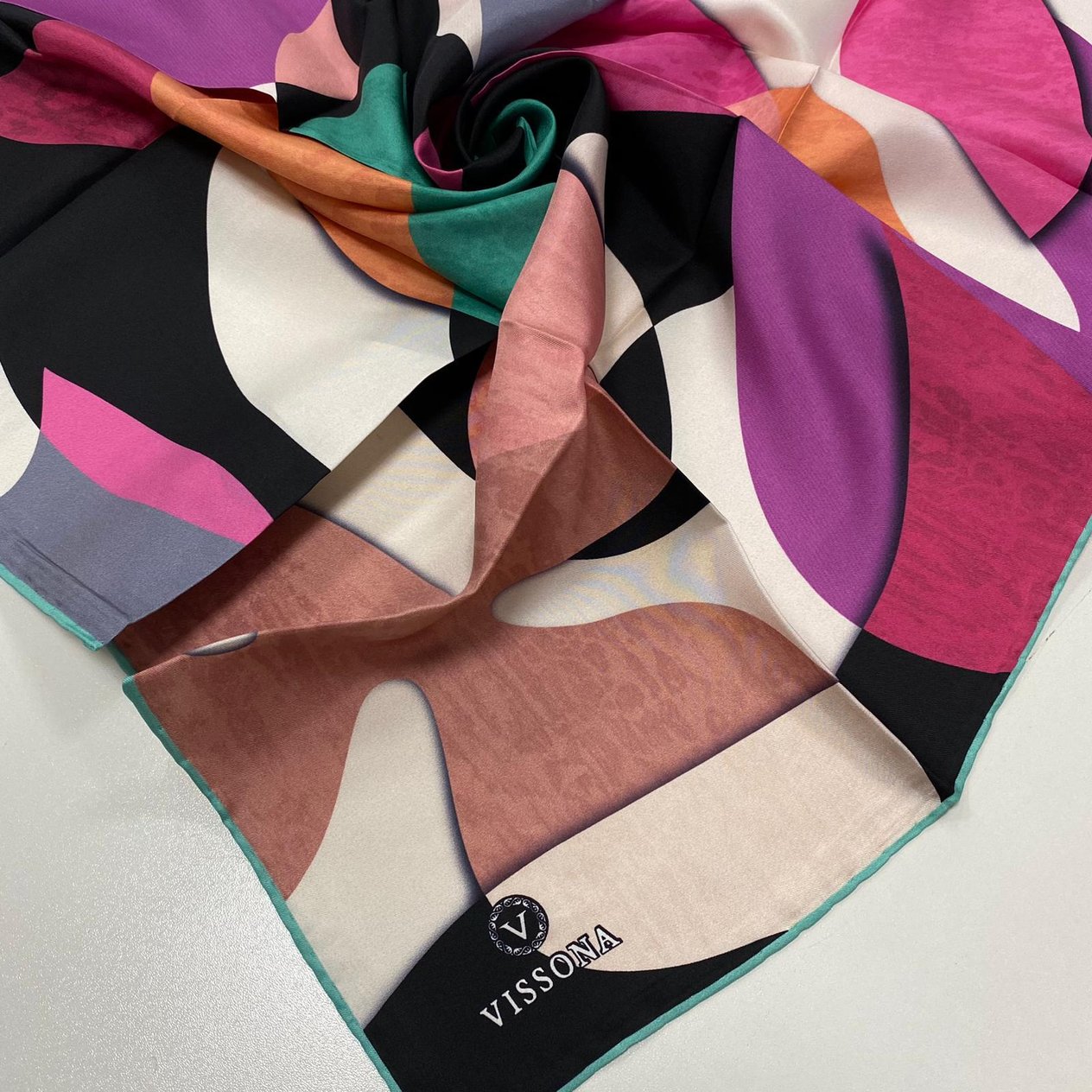 Vissona Pembe-Mint Yeşili Dalga Desenli Tivil İpek Eşarp DGN51260-24-34
