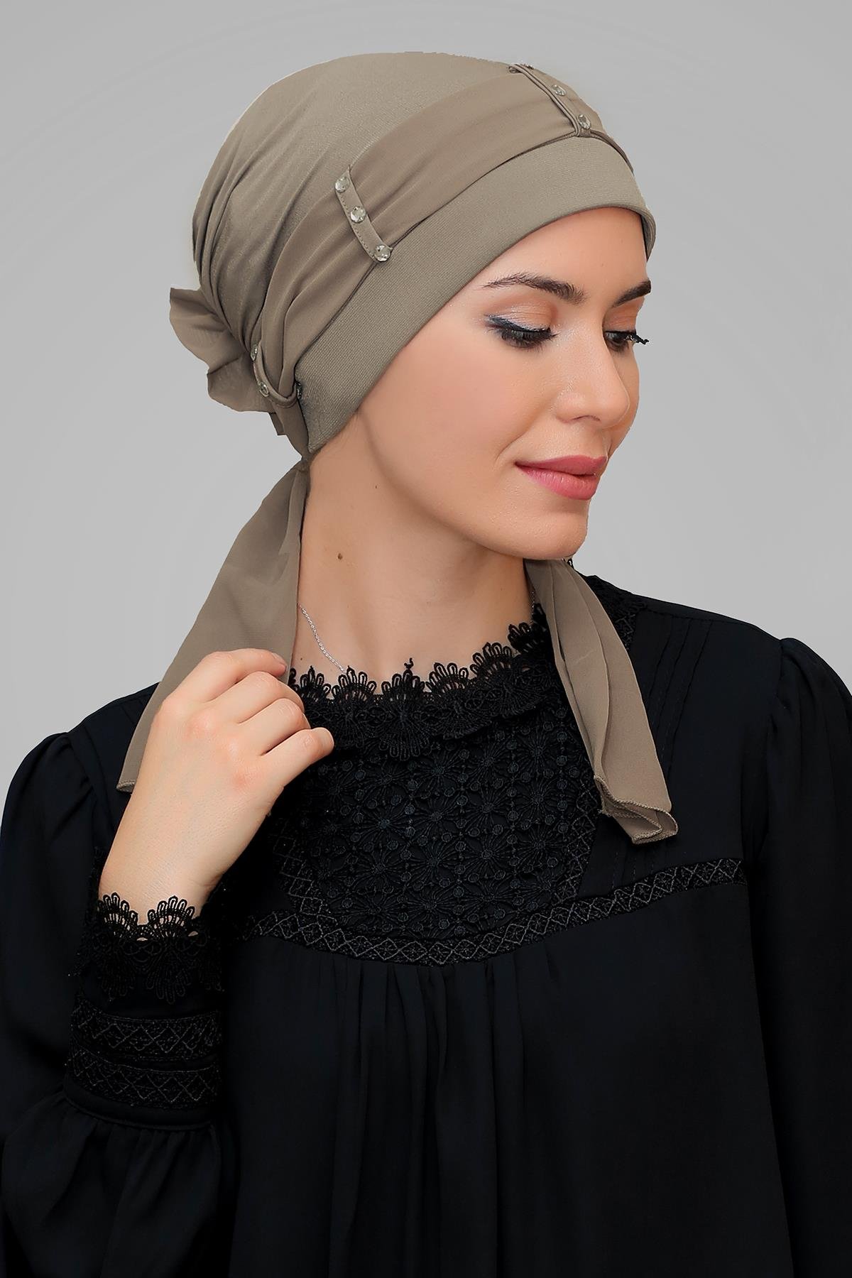 Vizon Pratik Hazır Geçmeli Tesettür Bone Sandy Kumaş Kemerli Taşlı 1205_10