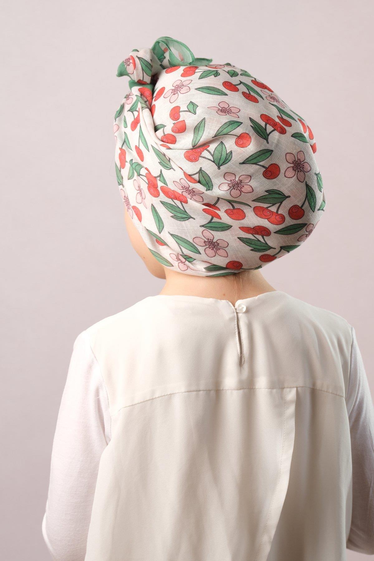 Zümrüt Dijital Baskılı Çocuk Tesettür Eşarp Pamuk Polyester Vişne Desenli 6001_37