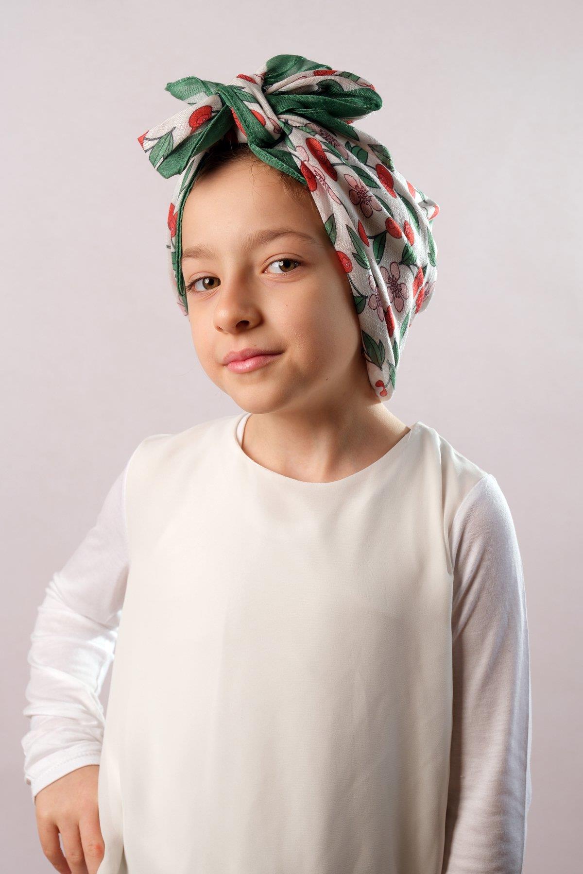 Zümrüt Dijital Baskılı Çocuk Tesettür Eşarp Pamuk Polyester Vişne Desenli 6001_37