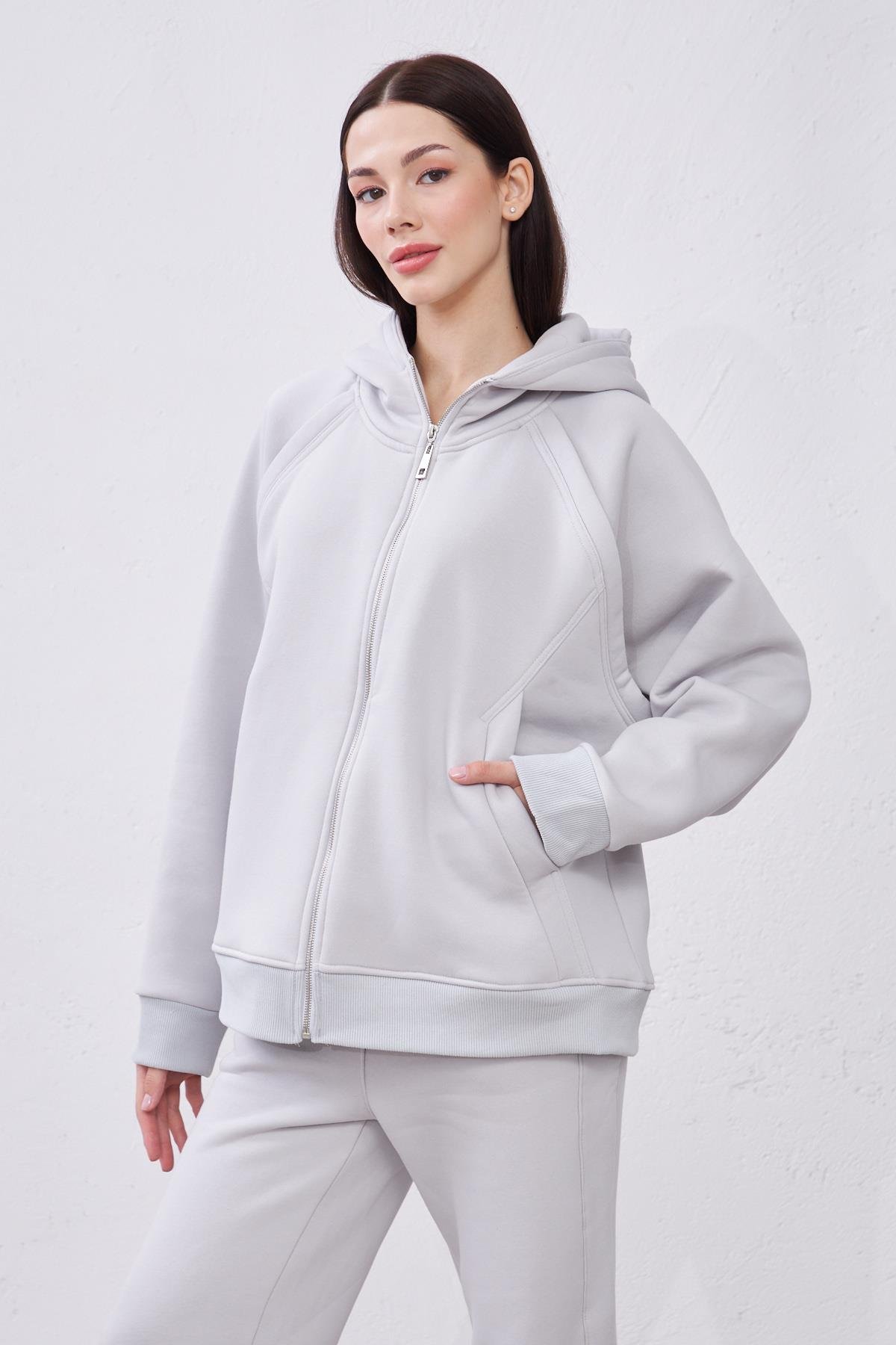 Agnes Gri Oversize Pamuklu Kapşonlu Hodie Sweatshirt ve Jogger Eşofman Takım
