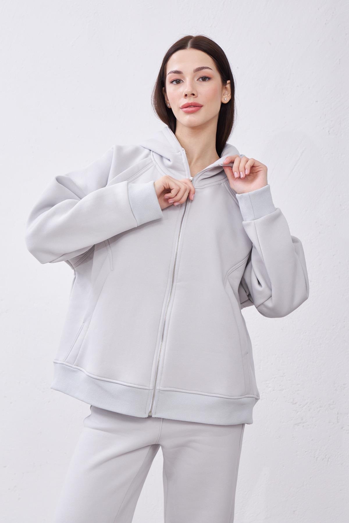 Agnes Gri Oversize Pamuklu Kapşonlu Hodie Sweatshirt ve Jogger Eşofman Takım