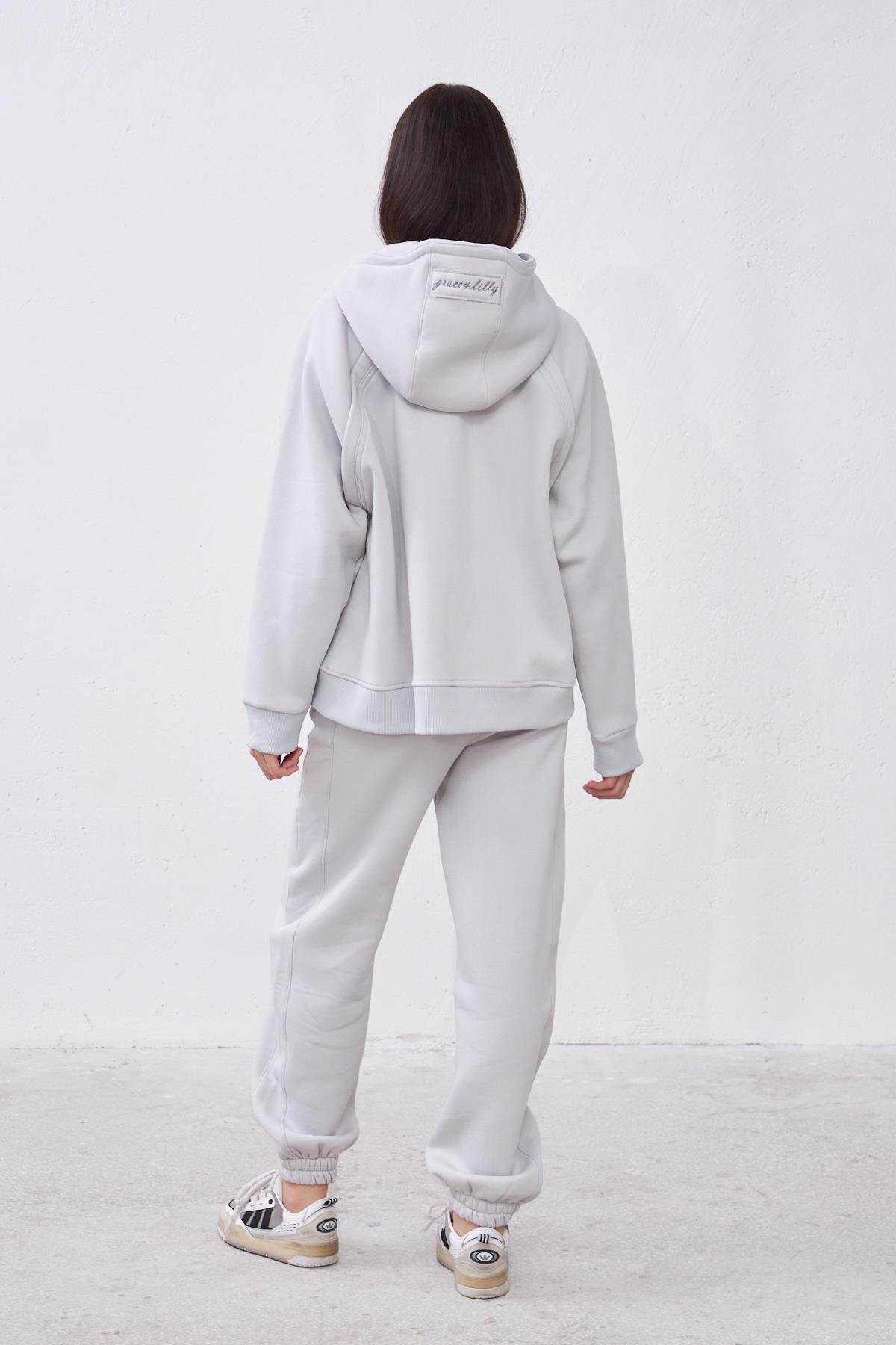 Agnes Gri Oversize Pamuklu Kapşonlu Hodie Sweatshirt ve Jogger Eşofman Takım