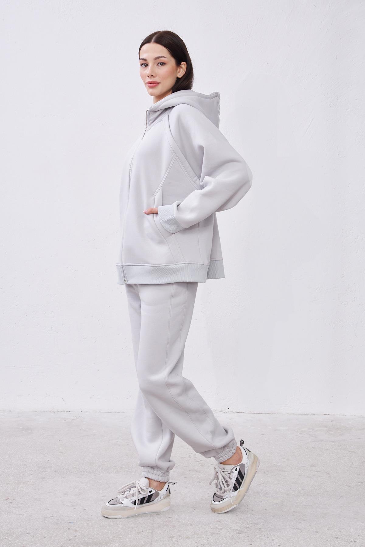 Agnes Gri Oversize Pamuklu Kapşonlu Hodie Sweatshirt ve Jogger Eşofman Takım