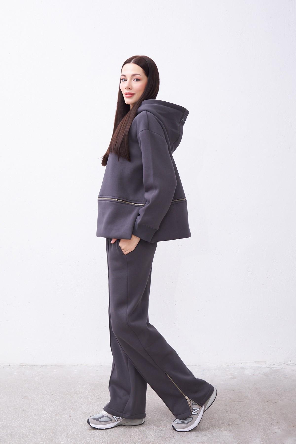 Claire Gri Oversize Pamuklu Kapşonlu Crop Sweatshirt ve Eşofman Pantolon Takım