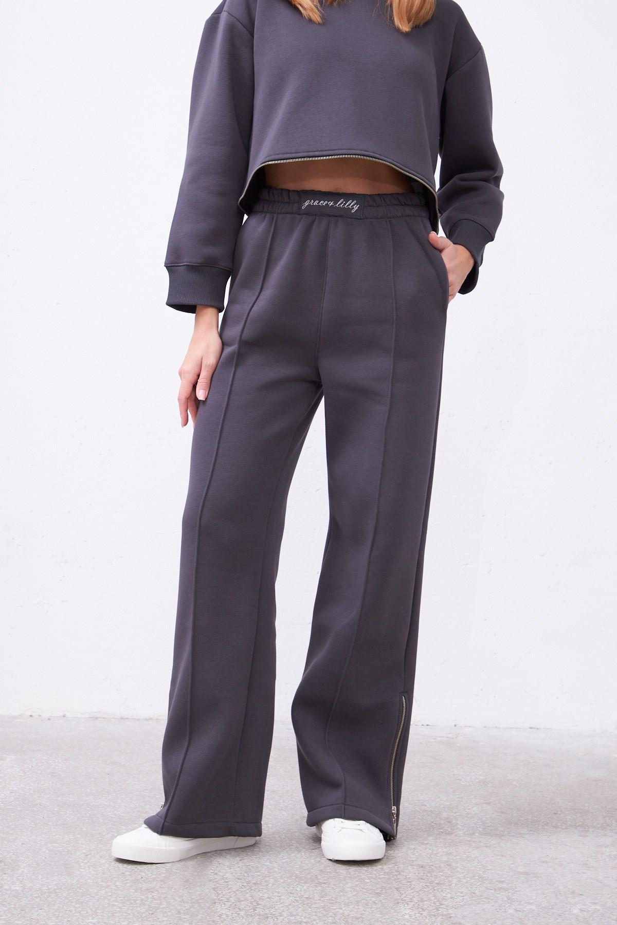 Claire Gri Oversize Pamuklu Kapşonlu Crop Sweatshirt ve Eşofman Pantolon Takım