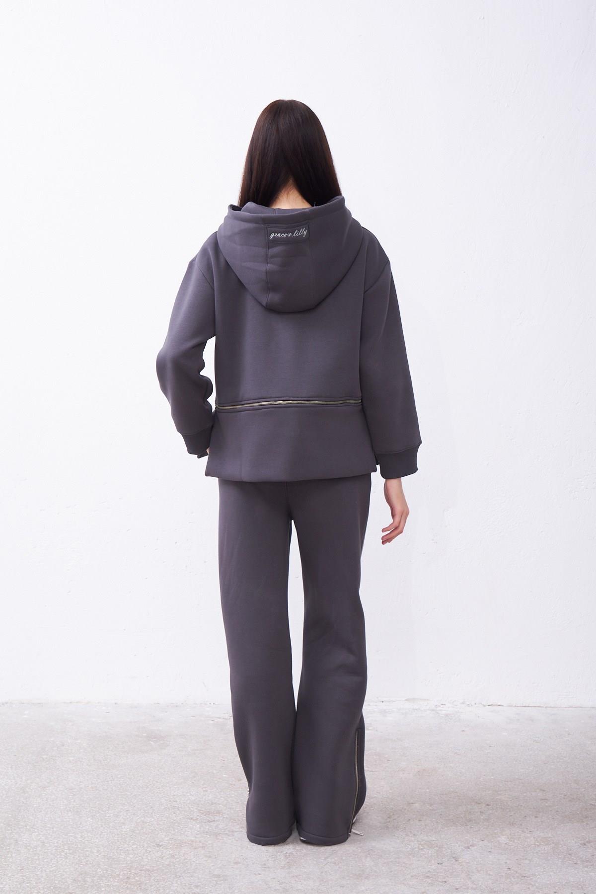 Claire Gri Oversize Pamuklu Kapşonlu Crop Sweatshirt ve Eşofman Pantolon Takım