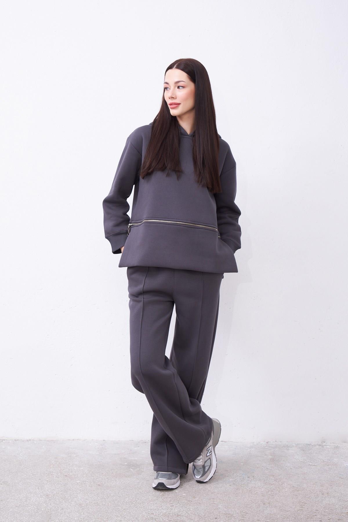 Claire Gri Oversize Pamuklu Kapşonlu Crop Sweatshirt ve Eşofman Pantolon Takım