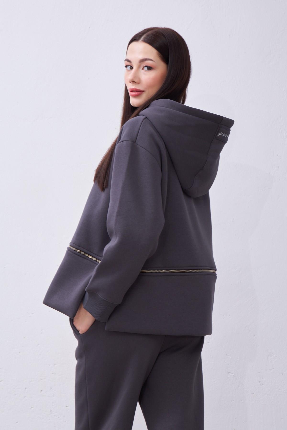 Claire Gri Oversize Pamuklu Kapşonlu Crop Sweatshirt ve Eşofman Pantolon Takım