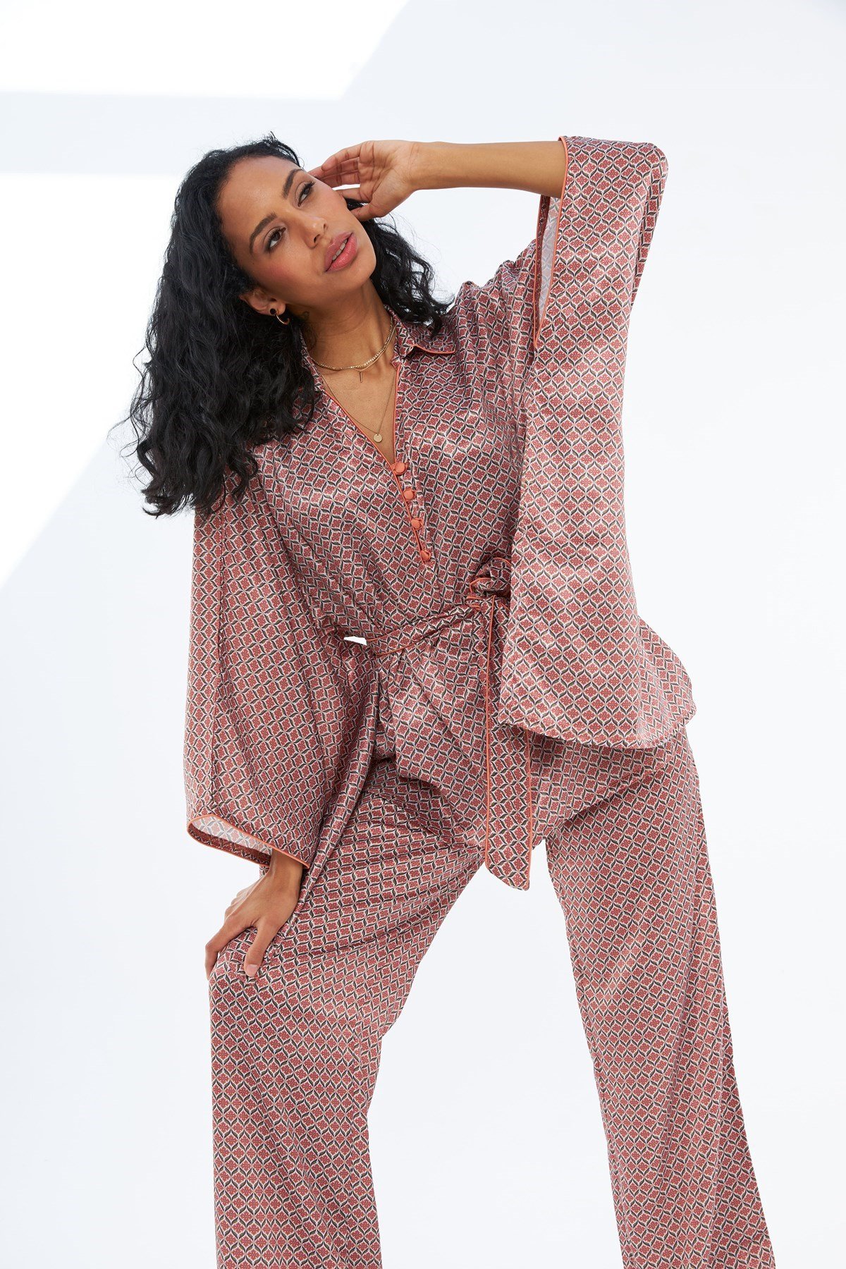 Sophia Pembe Desenli Biyeli Oversize Pijama Takımı