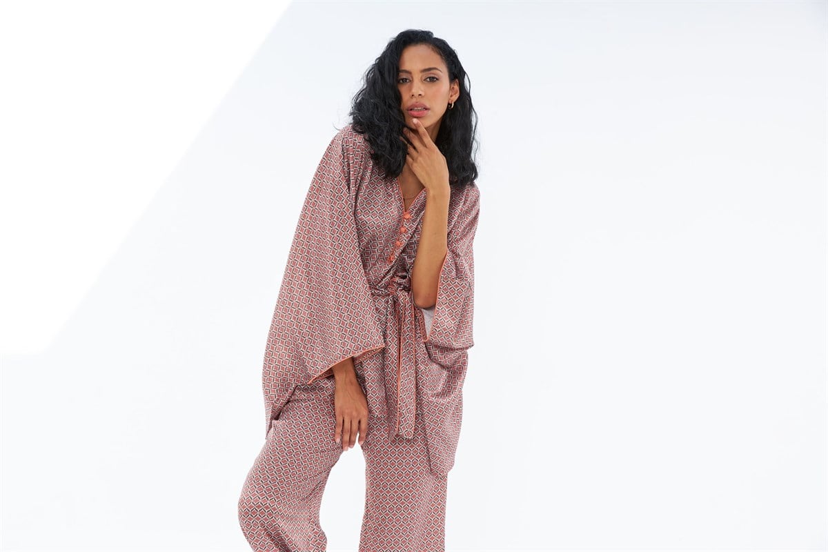 Sophia Pembe Desenli Biyeli Oversize Pijama Takımı