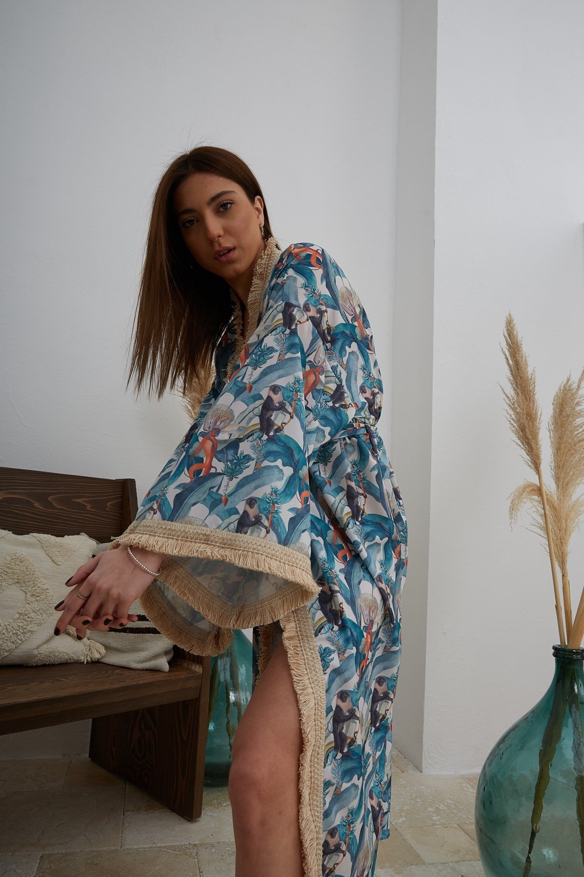 Valeria Yeşil Desenli Püsküllü Kimono