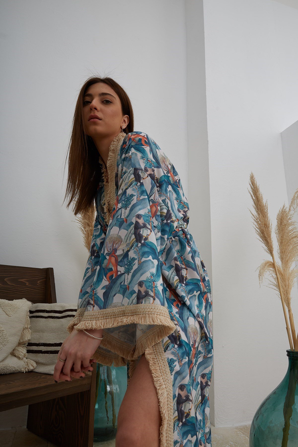 Valeria Yeşil Desenli Püsküllü Kimono