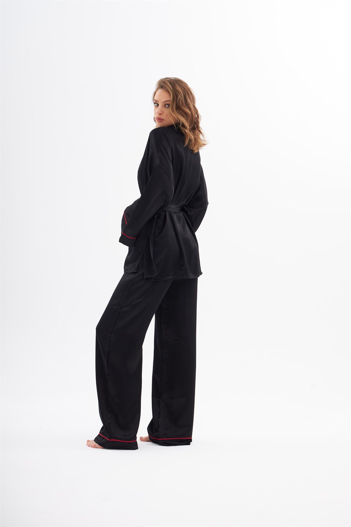 Violet Siyah İpek Saten Pijama Takımı