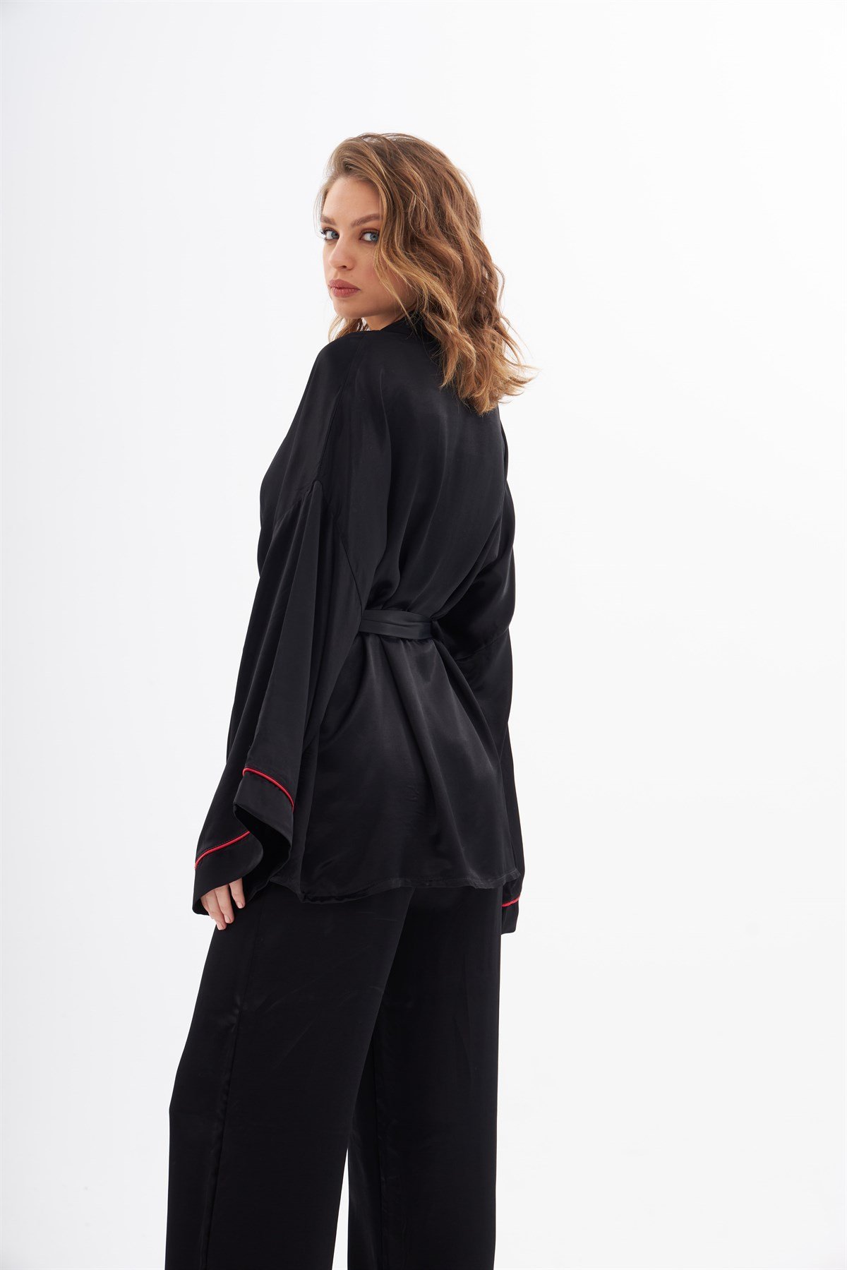 Violet Siyah İpek Saten Pijama Takımı