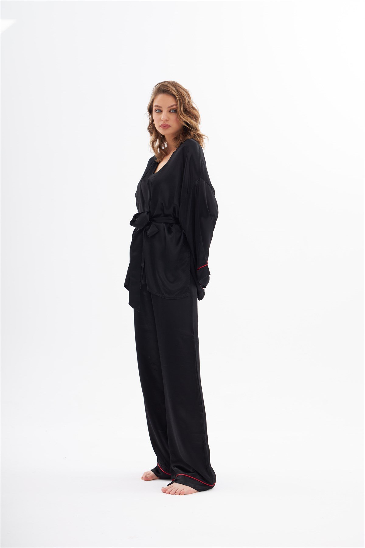 Violet Siyah İpek Saten Pijama Takımı