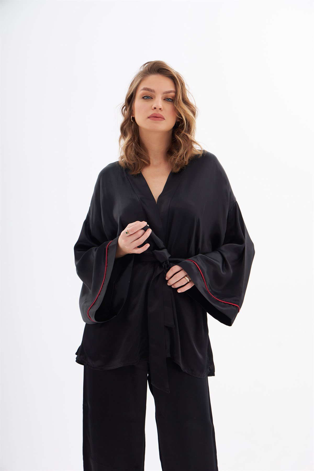 Violet Siyah İpek Saten Pijama Takımı